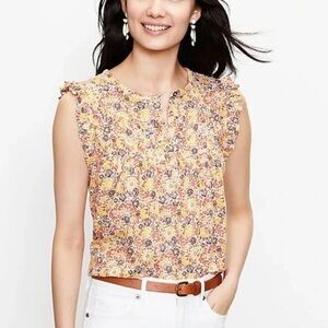 LOFT Vintage Island Floral Ruffle Henley Top Size Large Yellow Orange Brown NWT